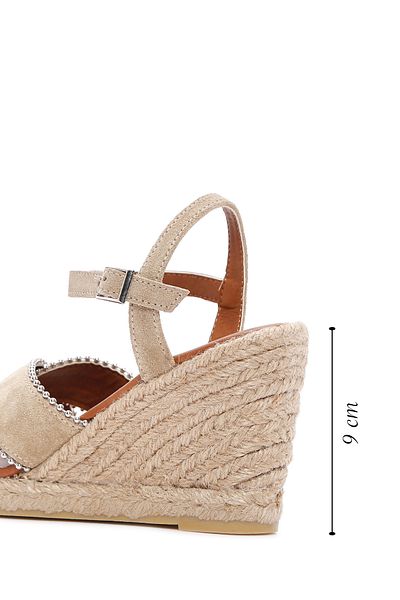 Derimod Women's Beige Ankle Strap Wedge Heeled Shoes Suede Genuine Leather Espadrille Sandals 25Sfd205910