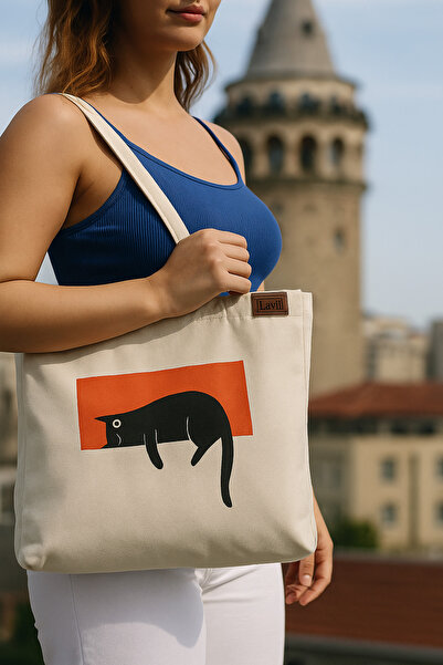 Luvili Çanta, Baskılı Körüklü Kanvas Bez Çanta | Yorgun Kedi Çanta