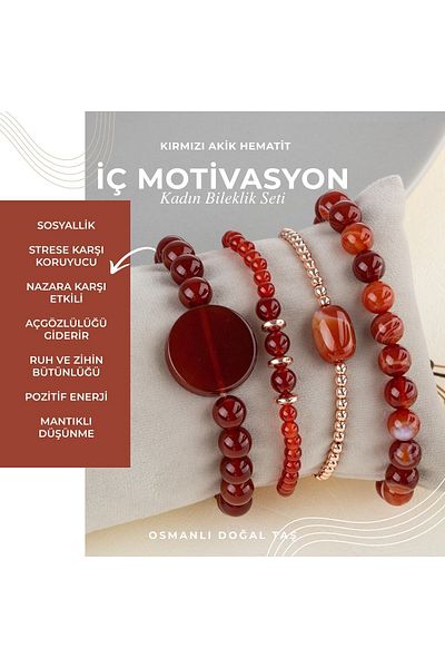 OSMANLI DOĞAL TAŞ Red Agate Natural Stone Women's Bracelet Set