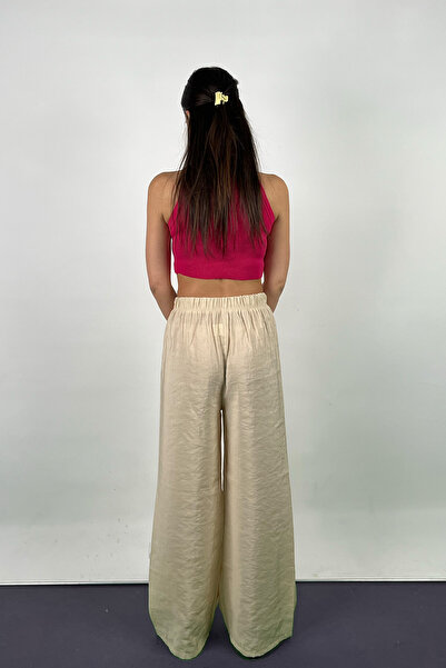 Love The Wind Polyamide Viscose Draped Ecru Palazzo Trousers