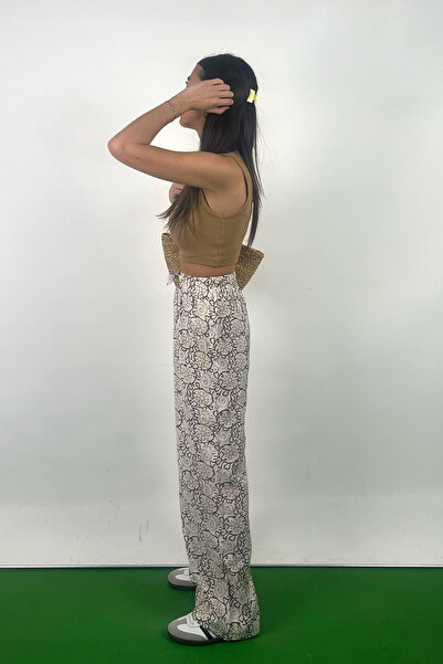 Love The Wind Beige Patterned Polyamide Viscose Draped Palazzo Trousers