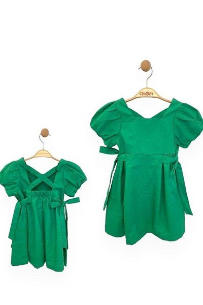 Çikoby Girl's Cotton Princess Sleeve Green Dress