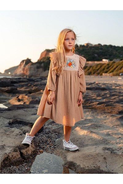 Escabel Girl's Cotton Floral Lace Turvakar Sleeve Dress