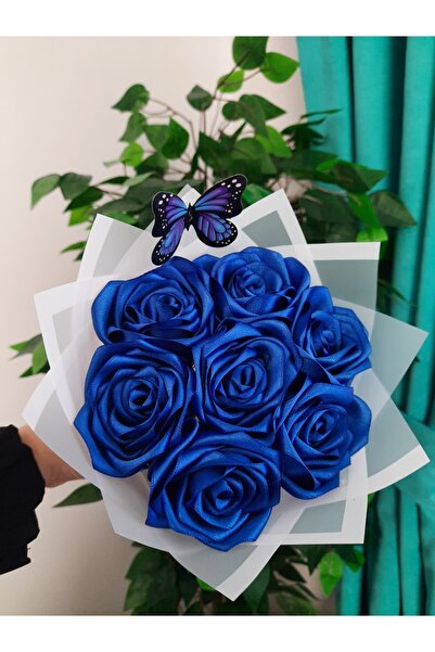 BUKET DÜNYASI 7 Li Solmayan Gül Buketi Mavi Gül Dışı Beyaz