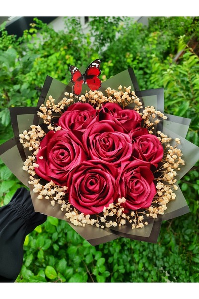 BUKET DÜNYASI 7 li Solmayan Gül Buketi BORDO GÜL CİPSOLU