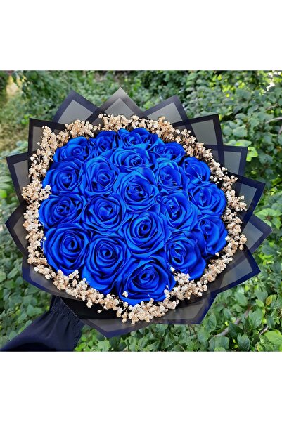 BUKET DÜNYASI 20 Li Led Işıklı Kenar Süslemeli Solmayan Gül Buketi Mavi Gül D...