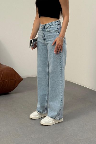 BİKELİFE Hellblaue Snow-Wash-Jeans für Damen mit hoher Taille, dehnbarem Lycra und weitem Bein