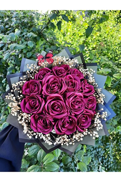 BUKET DÜNYASI 14 lü Solmayan Gül Buketi BORDO CİPSOLU