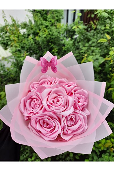 BUKET DÜNYASI 7 Li Solmayan Gül Buketi Pembe Gül Dışı Pembe Jelatin