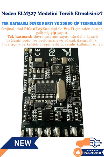 ELM 327 Elm327 Araç Arıza Tespit Cihazı – Orijinal Pıc18f25k80 V2.1 Çipli, Ios Ve Android Uyumlu