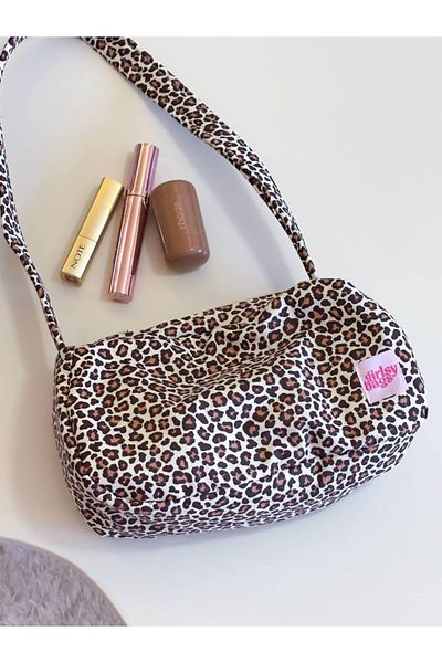 girlsybags Geantă de umăr leopard pentru femei Geantă maro cu curea Geantă baghetă Geantă din material textil cu fermoar