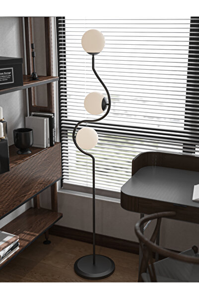 avizade Perla 3'lü Siyah Metal Beyaz Cam Küre Lambader - Kıvrımlı Modern Yer Lambası