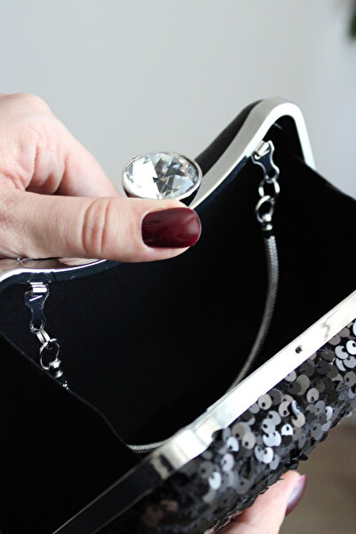 mossi Black Sequined Clutch Evening Dress Bag with Armrest Strap and Chain Strap