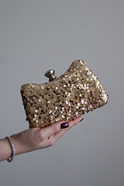 mossi Gold Sequined Sequined Clutch Evening Dress Bag with Armrest Strap and Chain Strap