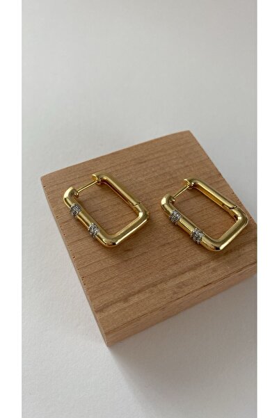 stainless steell Gold Renkli Kare Kesim Zirkon Taşlı Küpe