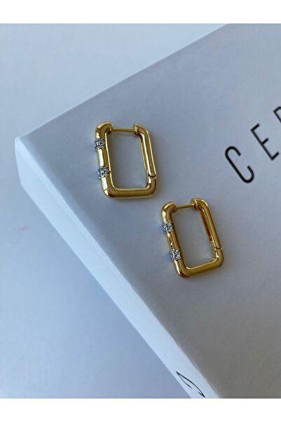 stainless steell Gold Renkli Kare Kesim Zirkon Taşlı Küpe