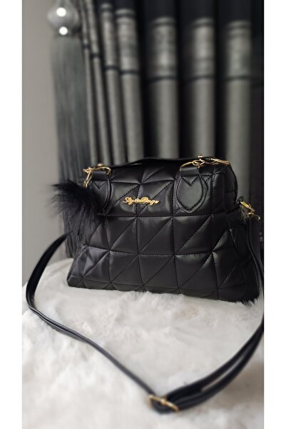 Butik Ponponlu Gold Zincirli Büyük Boy Kapitone Detaylı Çapraz Ayarlanabilir Askılı El ve Omuz Çantası