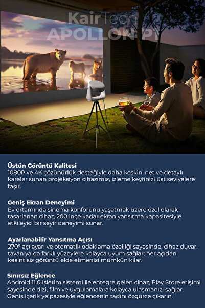 KairTech Apollon P1 Taşınabilir Powerbankli 4k Destekli 1080p Android Sistemli Sinema Projeksiyon Cihazı