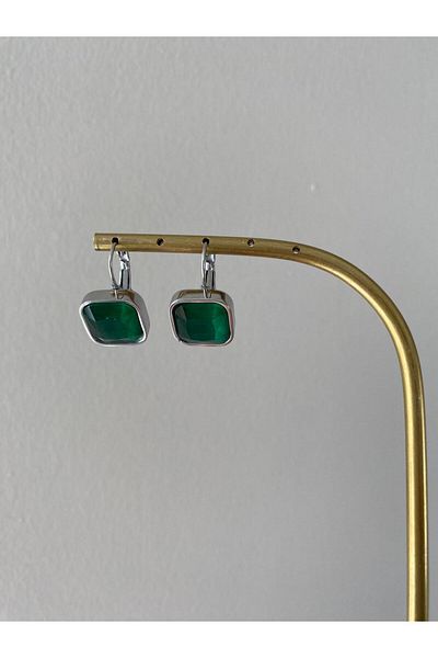 marsel aksesuar Steel Square Green Stone Silver Earrings