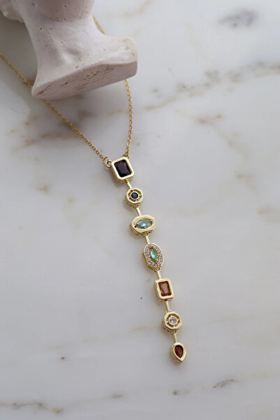 Zeyne 7 Elementli Renkli Taşlı Özel Y Tasarım Kadın Çelik Vip Kolye