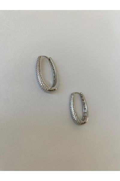 marsel aksesuar Oval Zircon Stone Hoop Silver Earrings
