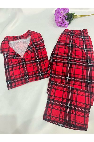 vizora moda Red Plaid Cotton Front Button Short Sleeve Pajama Set