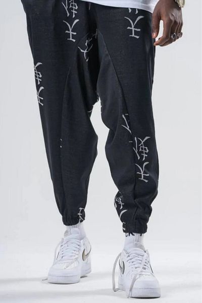 Superbluemexico Men's Patterned Black Jogger Baggy Trousers