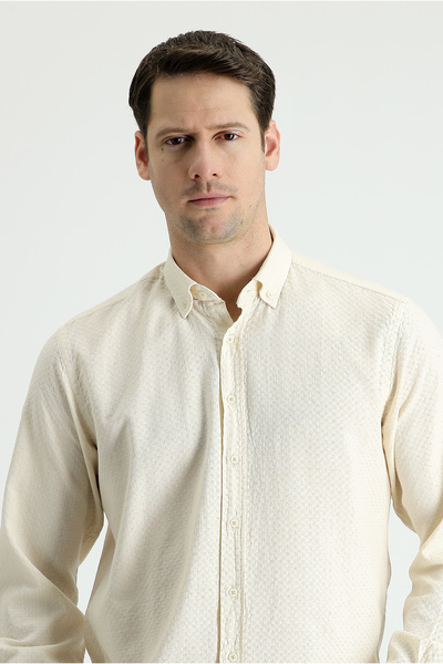 Kiğılı Uzun Kol Slim Fit Dar Kesim Keten Görünümlü Desenli Pamuk Gömlek