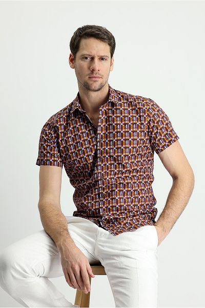 Kiğılı Short Sleeve Slim Fit Slim Fit Printed Cotton Shirt