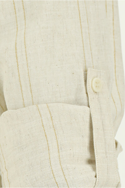 Kiğılı Uzun Kol Hakim Yaka Regular Fit Çizgili Spor Pamuklu Keten Gömlek