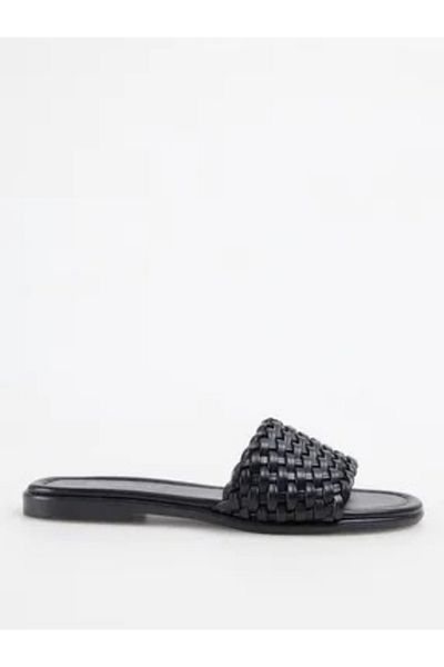 Ayakkabı Delisiyim Stella Black Knitted Leather Comfort Casual Women's Summer Slippers