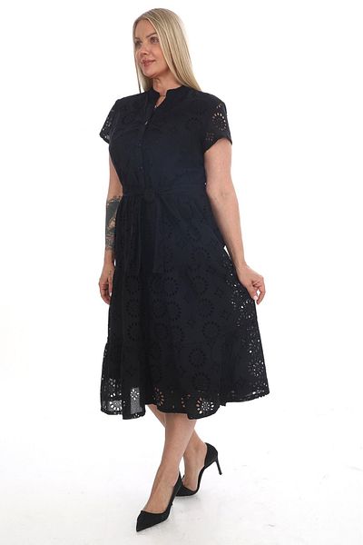 etselements Rochie cu dantelă din voile, căptușită cu curea, cu nasturi 7175 Negru