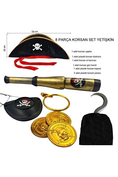 partidolu Yetişkin Kadife Şapkalı Korsan Kostüm Tamamlayıcı Set 8 Parça Hallo...