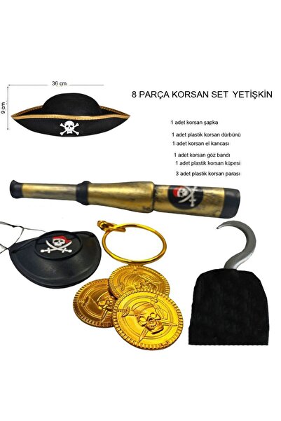 partidolu Yetişkin Keçe Kumaş Şapkalı Korsan Kostüm Tamamlayıcı Set 8 Parça H...