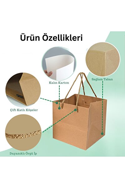 roco paper Kraft Karton Pasta Çanta, 6'lı - Kare Taban, Körüklü, İpli Hediye Taşıma Çantası, 24x24x24 cm