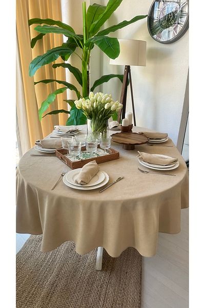 Decamor home Velvet Textured Worry-Free Beige Oval Tablecloth