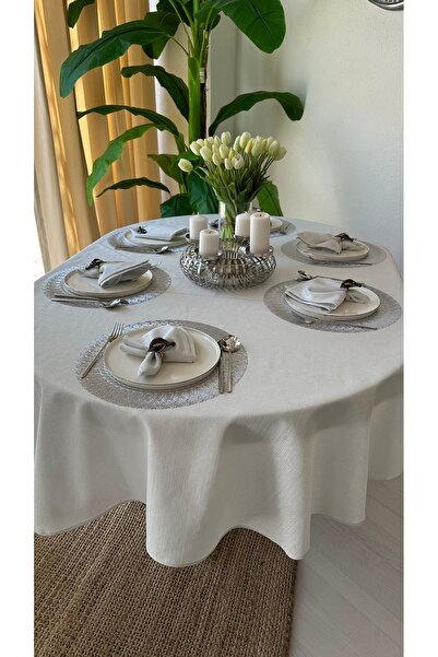 Decamor home Linen Textured Silver Glitter Oval Tablecloth (Napkin Not Included)