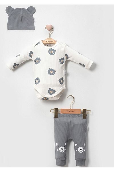 Cherub Baby 3-Piece Baby Set with Ribbed Teddy Bear Printed Eared Hat