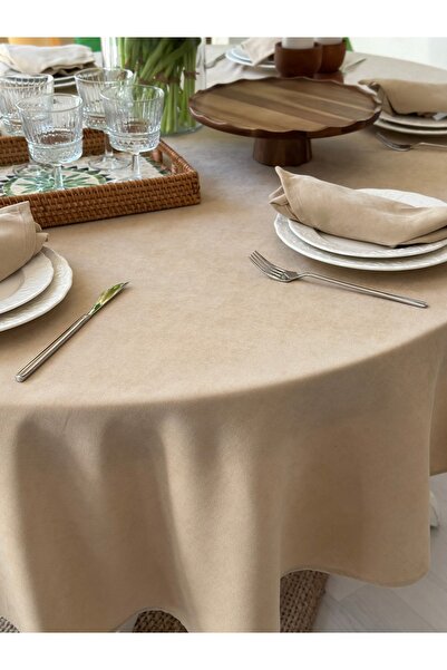 Decamor home Velvet Textured Carefree Beige Oval Tablecloth (Napkin Not Included)