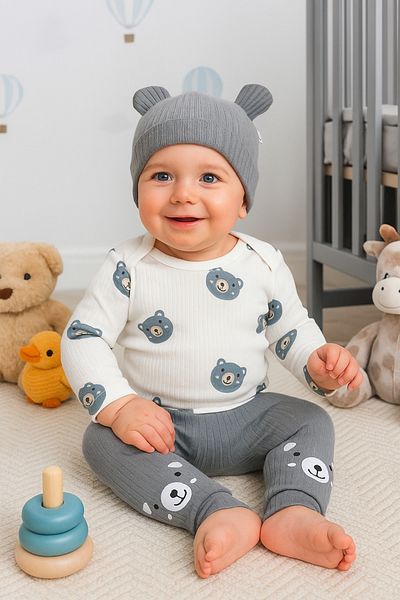 Cherub Baby 3-Piece Baby Set with Ribbed Teddy Bear Printed Eared Hat