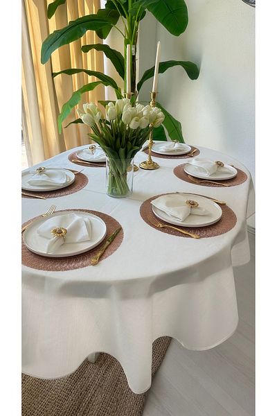 Decamor home Linen Textured Glitter White Oval Table Cloth