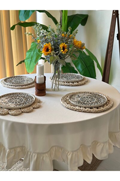 Decamor home Velvet Textured Vintage Ecru Ruffled Round Tablecloth Hassle-Free