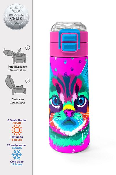 Coral High Kids Purple Pink Cat Patterned Steel Thermos with Straw and Direct Drinking 500 ml 31800