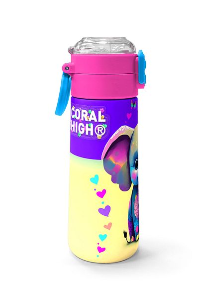 Coral High Kids Pink Turquoise Elephant Patterned Steel Thermos with Straw and Direct Drinking 500 ml 31814