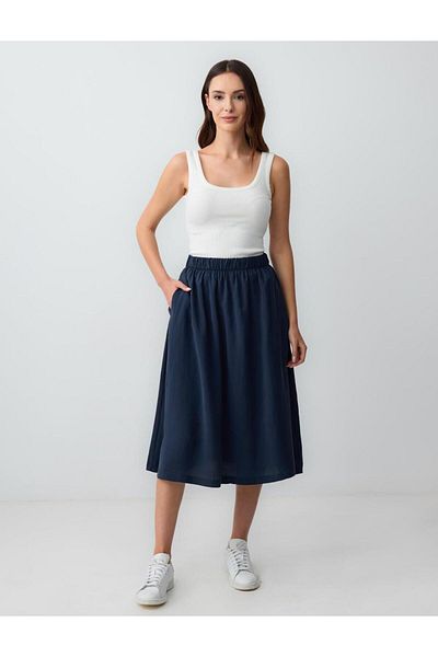 Jimmy Key Navy Blue Relaxed Cut High Waist Woven Midi Skirt