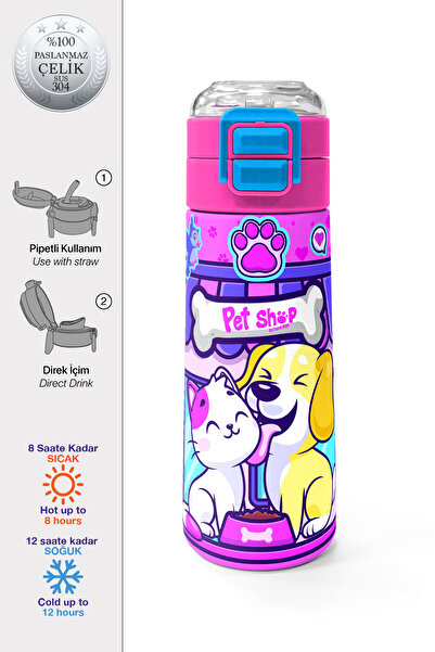 Coral High Kids Kedi Köpek Desenli Pipetli ve Direkt İçim Çelik Termos 500 ml...