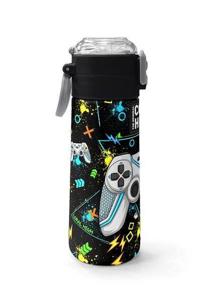 Coral High Kids Black Highlighter Green Gamer Patterned Steel Thermos with Straw and Direct Drinking 500 ml 31817