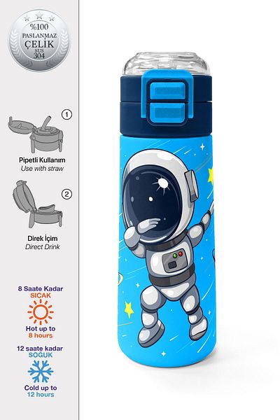 Coral High Kids Navy Blue Astronaut Patterned Steel Thermos with Straw and Direct Drinking 500 ml 31804