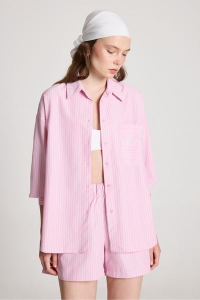 minaaise Set cămașă și pantaloni scurți oversize cu dungi roz și alb - 27381