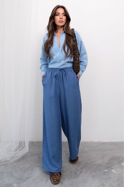 Hatun Atila Summer Relaxed Fit High Waist Rope Lace-Up Wide Leg Loose Trousers - Blue